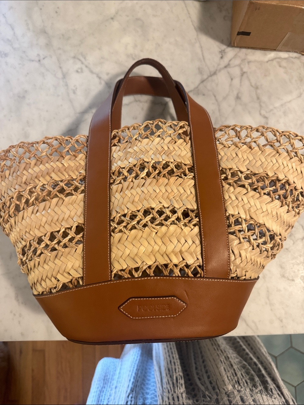 Woven Straw Tote with Tan Leather Trim